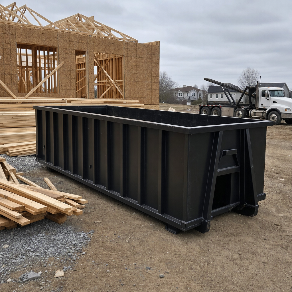 Matte-black 40-yard roll-off dumpster staged on a framed-out residential construction site in St Paul, framing lumber stacked nearby, hooklift delivery truck visible in the background under bright Colorado daylight