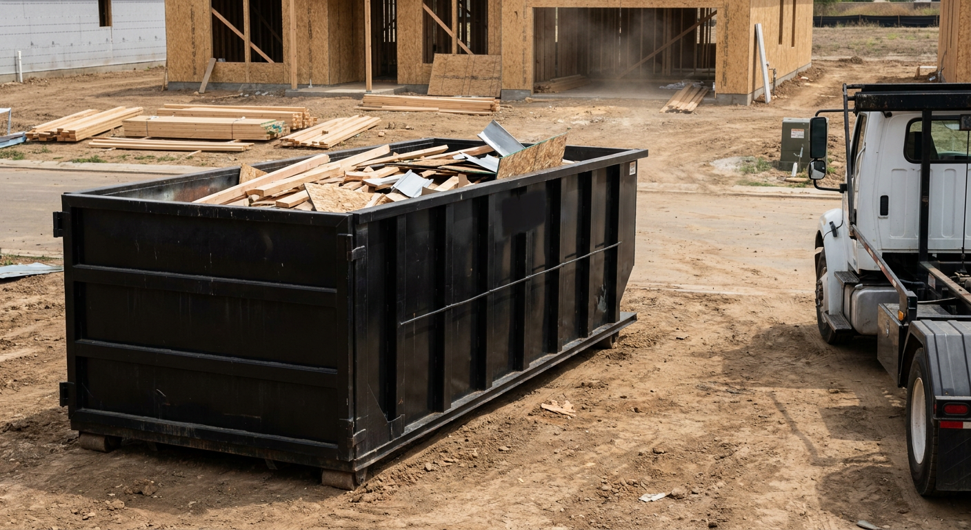 Matte-black 20-yard roll-off construction dumpster with heavy ribbed steel sidewalls and swing rear doors at a working jobsite in St Paul, sitting directly on compacted dirt with an unmarked white hauler partially visible at the far edge of the frame.