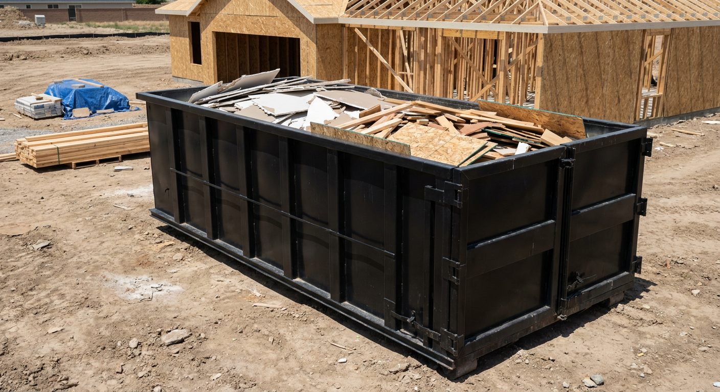 Matte-black 30-yard roll-off construction dumpster sitting directly on the compacted-dirt site of a framed single-family home build in St Paul, drywall and lumber scrap loaded inside.