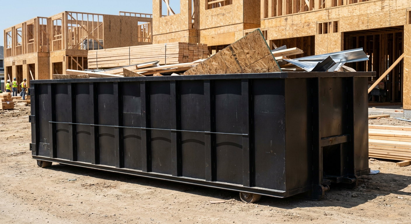 Matte-black 40-yard roll-off construction dumpster being lowered from a white-cab hooklift delivery truck onto the compacted-dirt jobsite at a commercial build site in St Paul