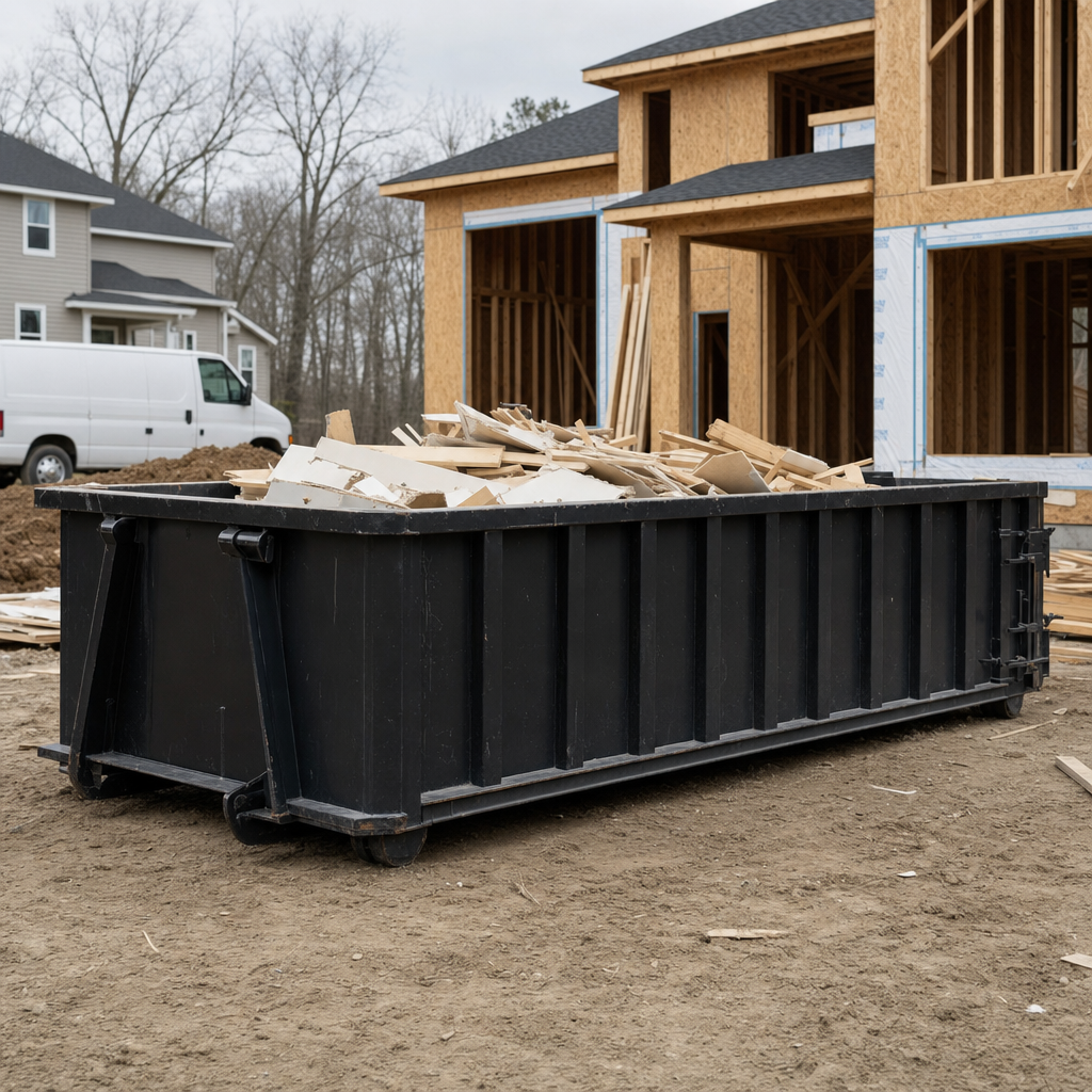 Worker in a yellow high-visibility vest tossing framing lumber and broken drywall into a matte-black 30-yard construction roll-off dumpster on an active build site in St Paul, bright daylight