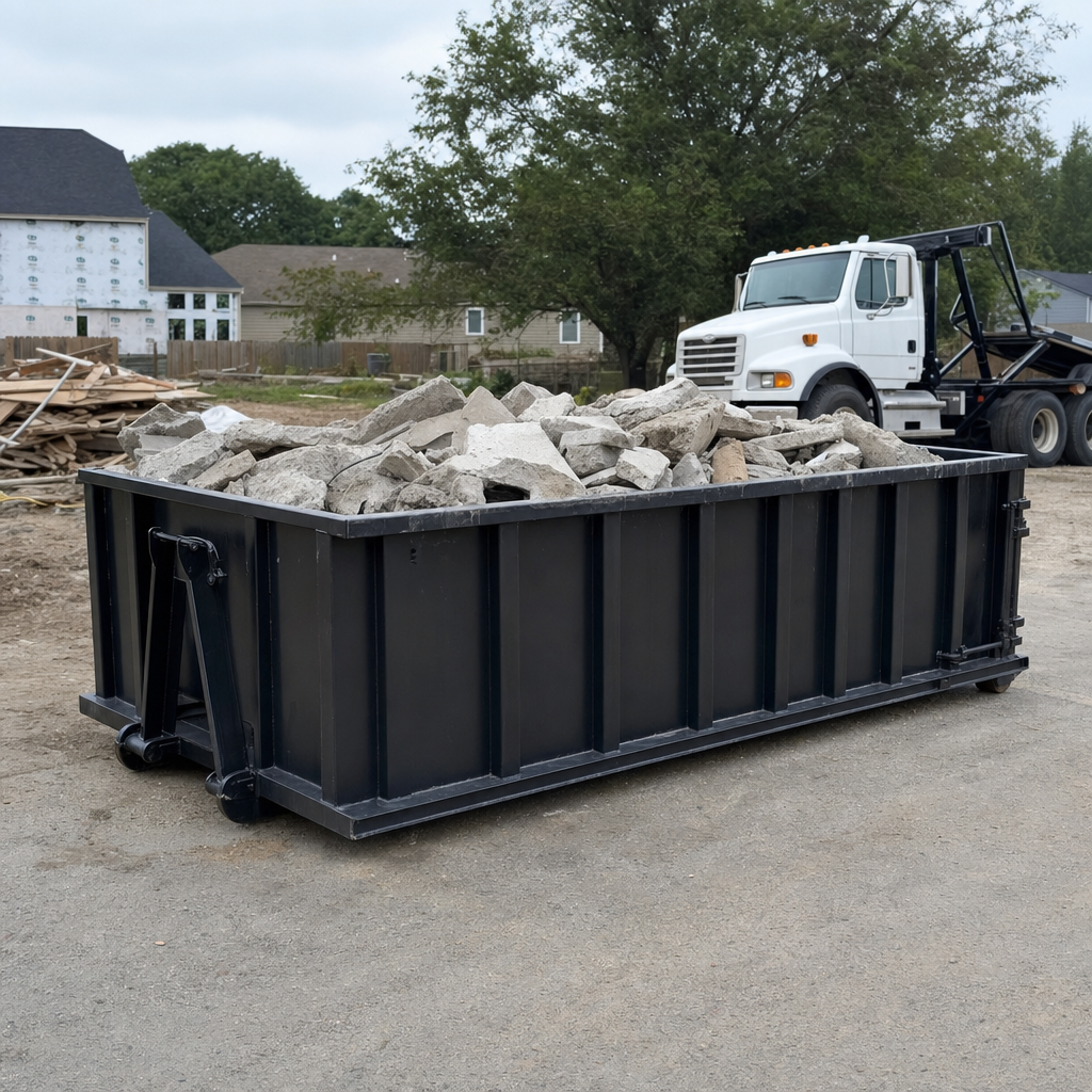 Low-profile matte-black lowboy roll-off dumpster loaded with broken concrete slab and rebar at a foundation tear-out in St Paul, skid steer parked beside it, sunny Colorado morning
