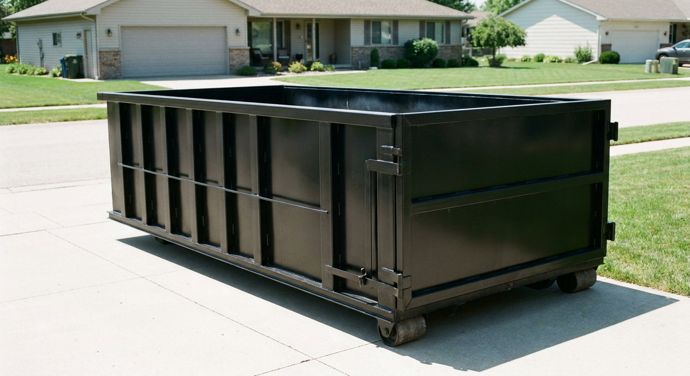 Matte-black 10-yard roll-off dumpster on a residential concrete driveway in St Paul, uniformly painted matte black across every panel and rail, ribbed steel sidewalls and rear swing door visible, mid-day daylight.
