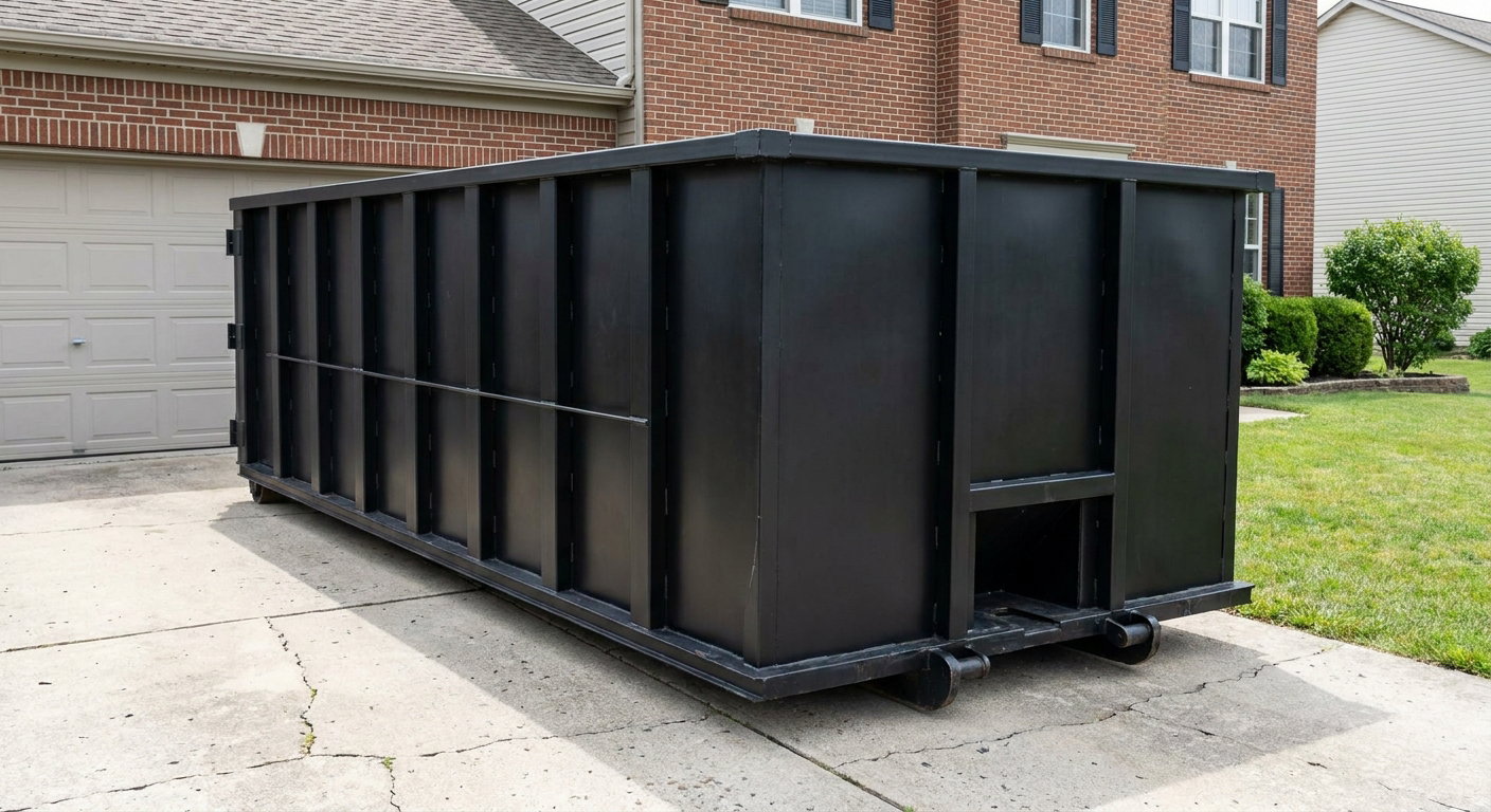 Matte-black 20-yard roll-off container on a St Paul residential concrete driveway with reinforced ribbed steel sidewalls and a hinged rear walk-in door, clean bright daylight.