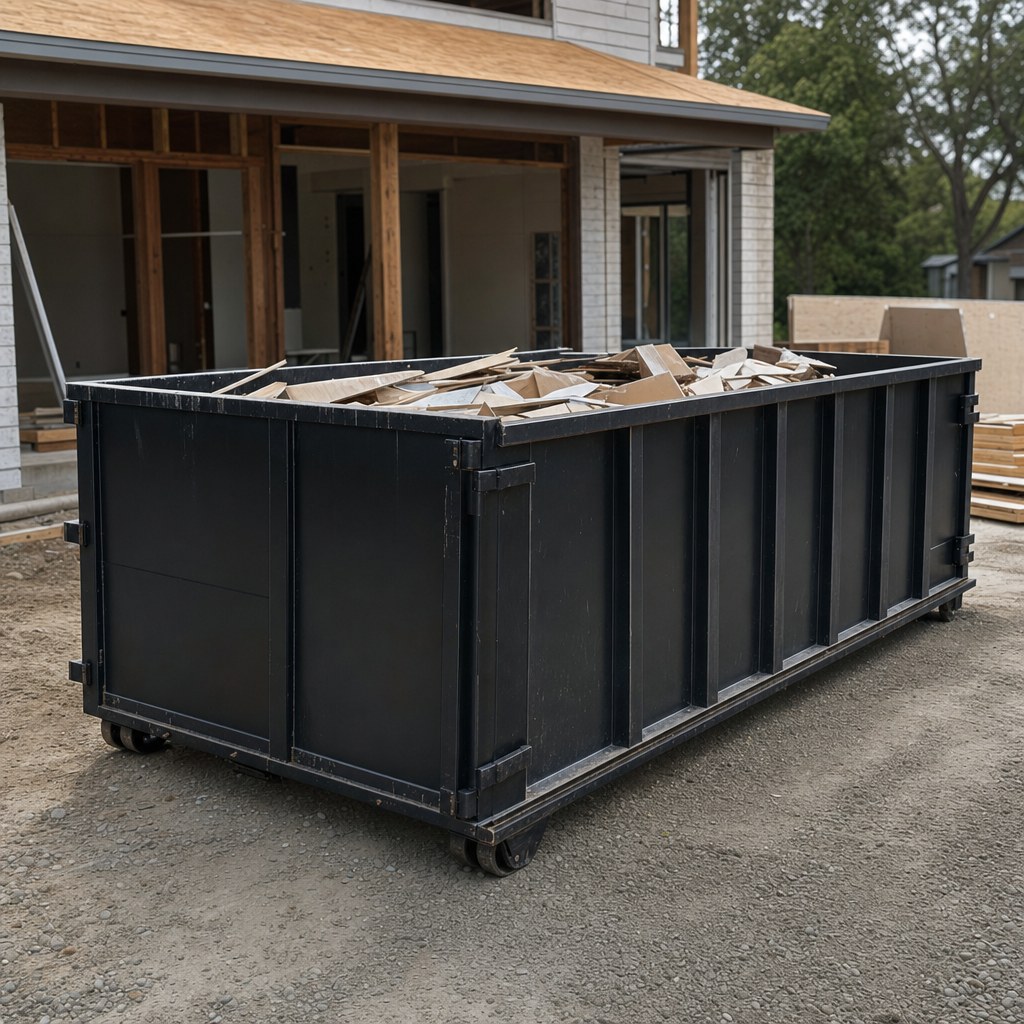 Large matte-black 30-yard construction roll-off dumpster at an active St Paul jobsite, steel-gray top rails and bottom rollers visible, loaded with construction debris.