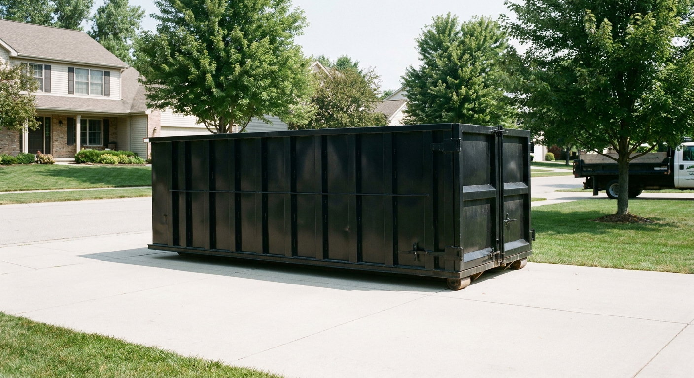 Matte-black 20-yard roll-off dumpster sitting level on a clean St Paul residential concrete driveway under bright daylight, demonstrating clean placement directly on the concrete.