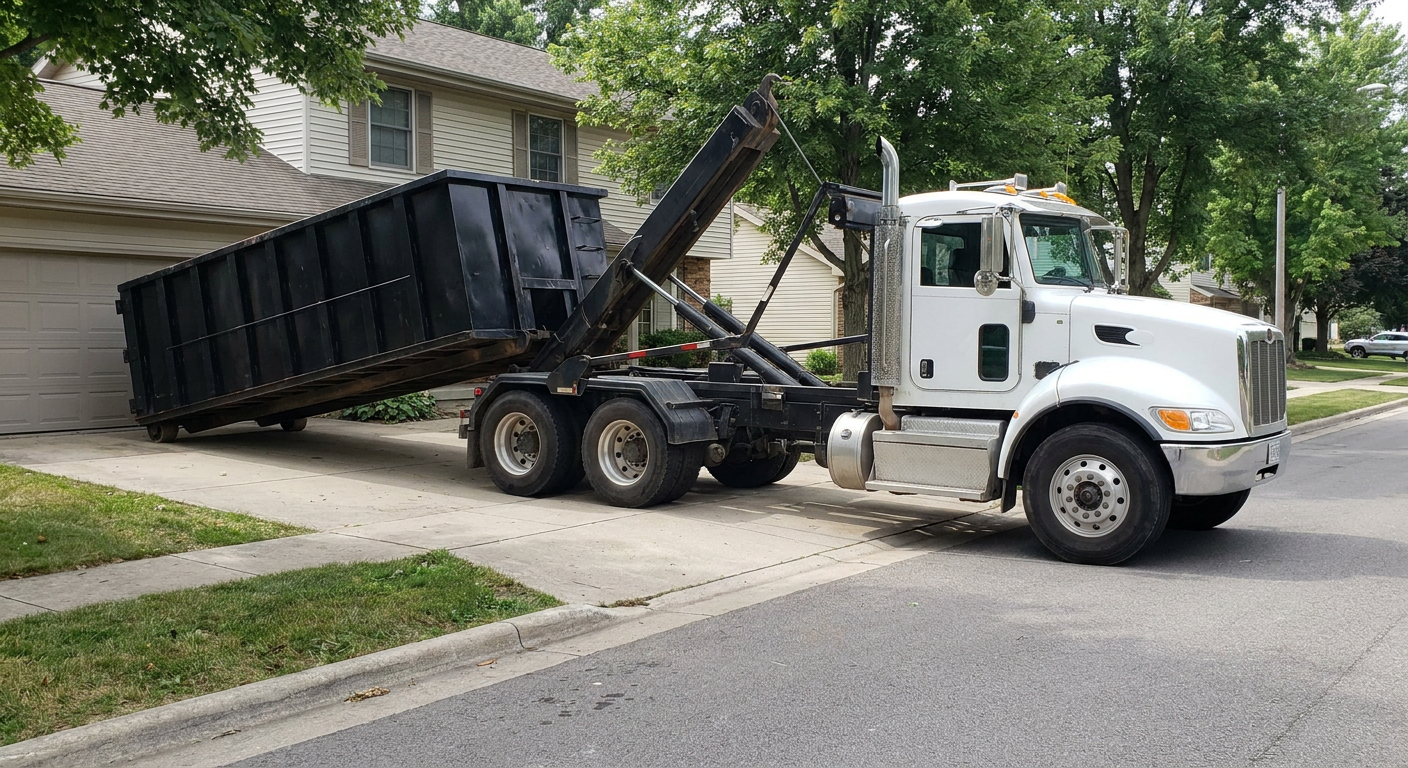 White-cab hooklift roll-off truck actively lowering a matte-black dumpster onto a St Paul residential concrete driveway, the dumpster's rear wheels touching the driveway as the hoist arm tilts the bed forward, mid-morning daylight.
