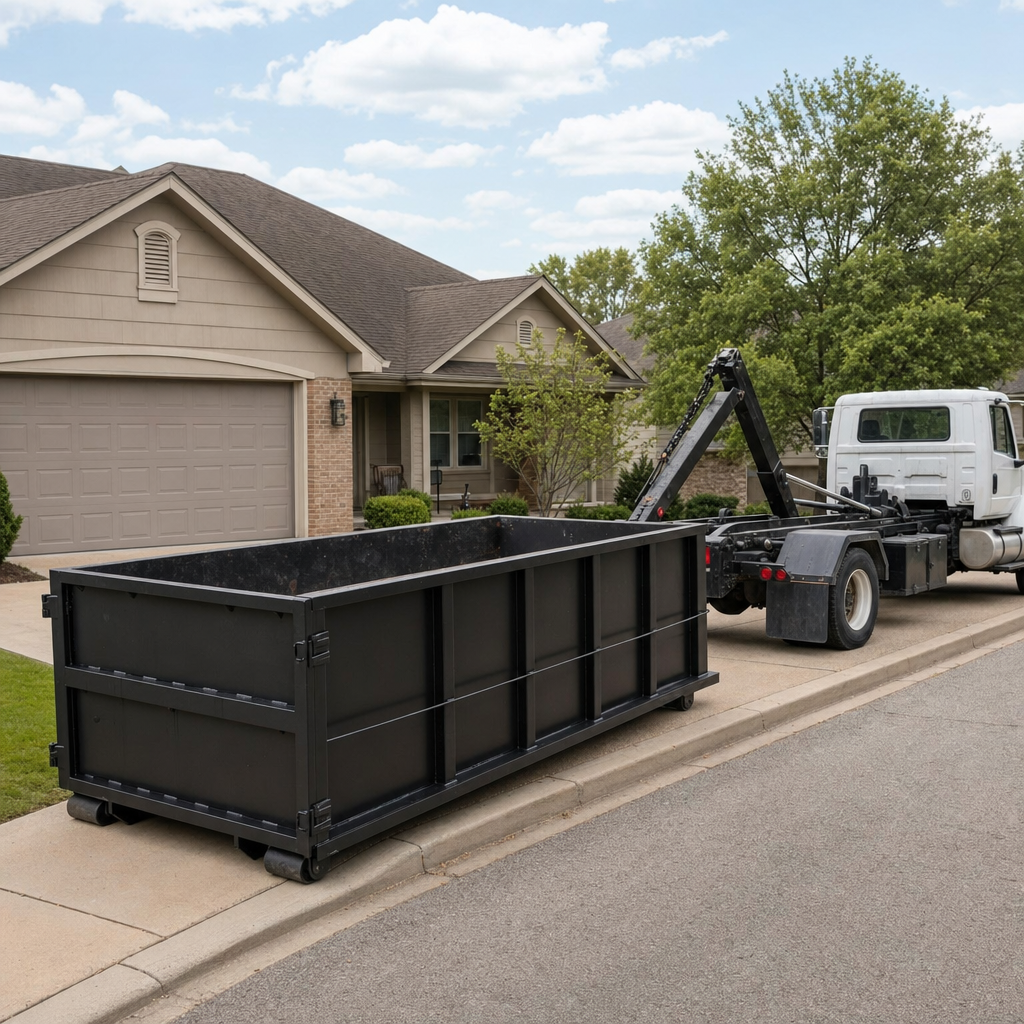 Wide documentary shot of a matte-black roll-off dumpster on a St Paul residential driveway in the foreground and a contractor jobsite container in the soft-focus background, bright daylight, calm and orderly composition.