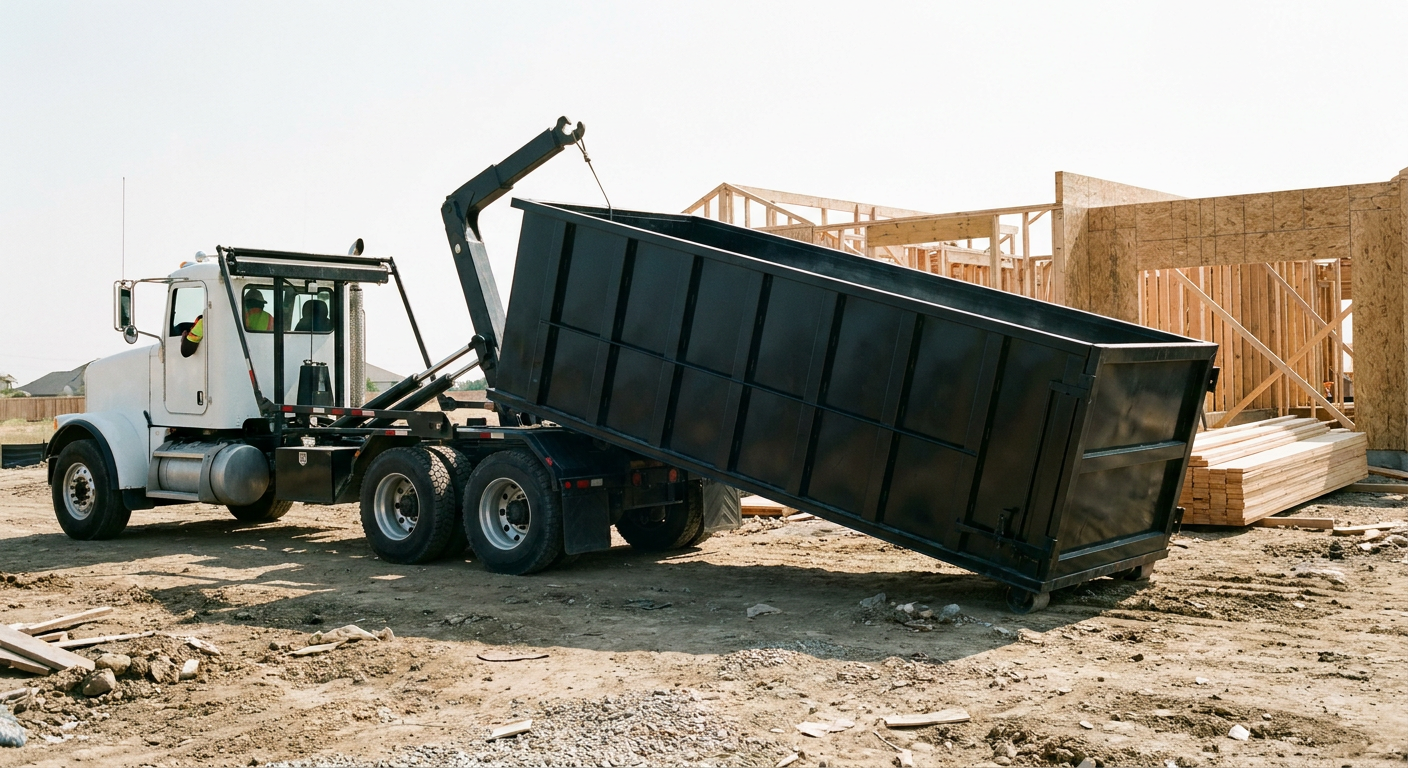 Matte-black roll-off dumpster being delivered onto a clean residential concrete driveway in St Paul by an unmarked white hooklift hauler truck, bright morning daylight, documentary 35mm perspective.