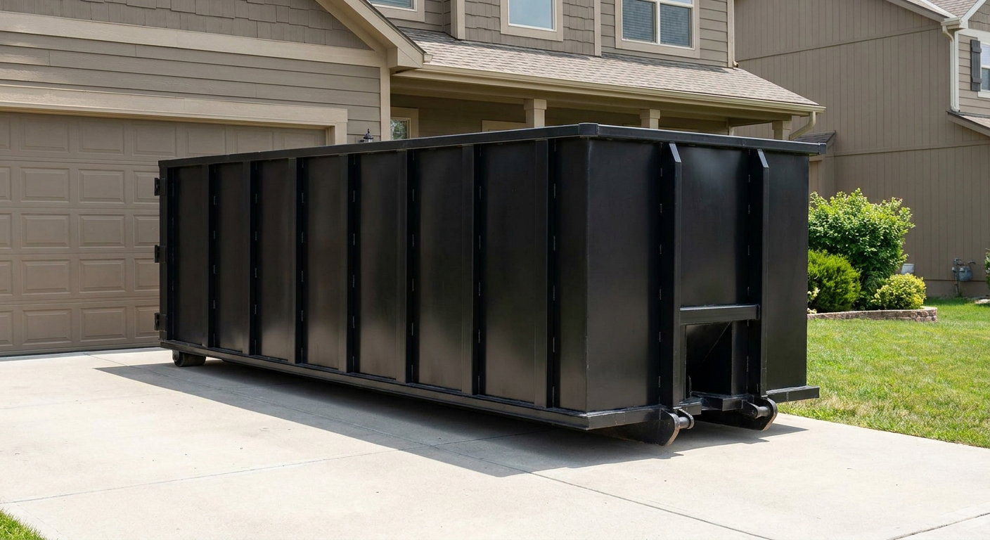 Matte-black residential roll-off dumpster sitting directly on a suburban St Paul concrete driveway, garage door closed, single-family home in background, bright morning daylight.
