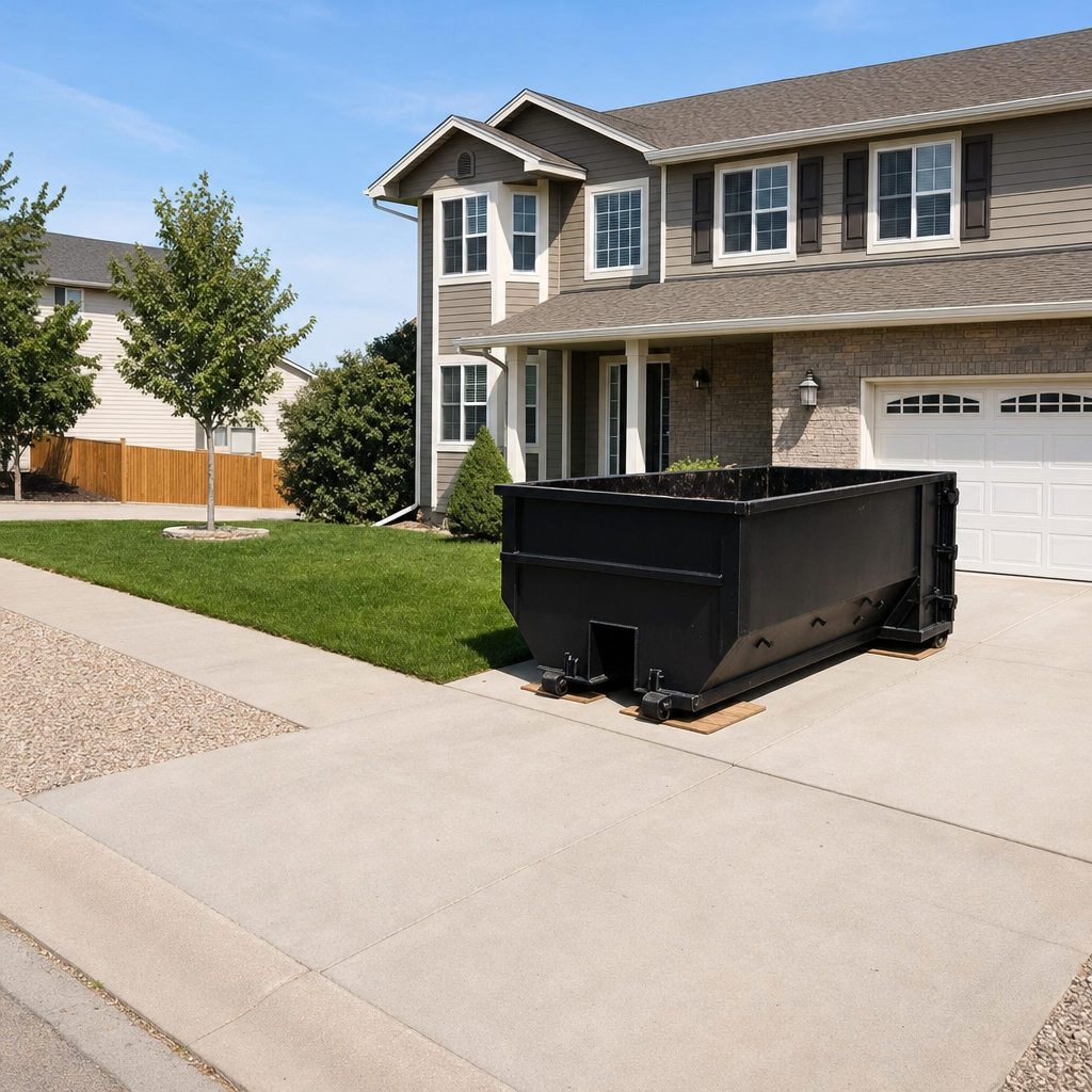 10-yard matte-black residential dumpster placed directly on a narrow St Paul concrete driveway, room remains for a parked sedan beside it, mid-morning natural light