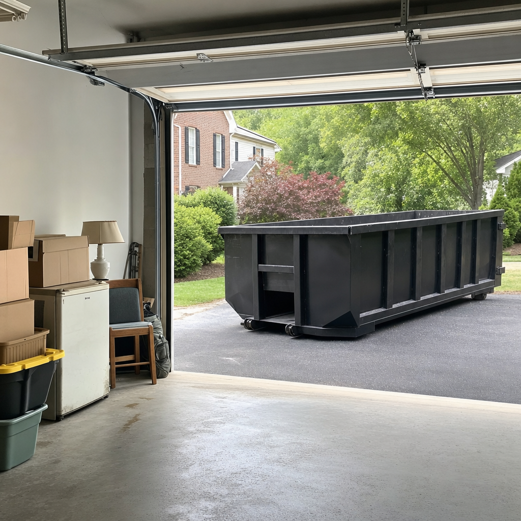 Open garage interior in a St Paul home mid-cleanout — boxed items, an old appliance, and stacked yard tools queued near the driveway for a matte-black roll-off dumpster, organized and calm