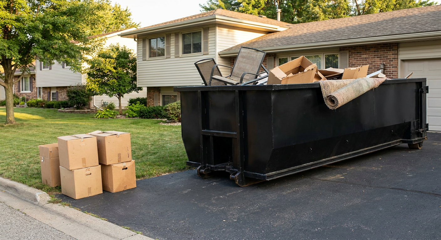 Front-yard view of a St Paul split-level home with a 20-yard matte-black roll-off dumpster sitting directly on the asphalt driveway, a few clearly labeled donation boxes staged at the curb, calm sunny afternoon.