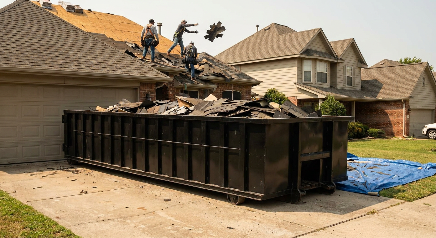 Matte-black roofing roll-off dumpster placed directly on a St Paul residential concrete driveway, a tear-off crew on a two-story asphalt-shingle roof tossing shingle bundles into the low-walled container, bright daylight, documentary 35mm perspective.