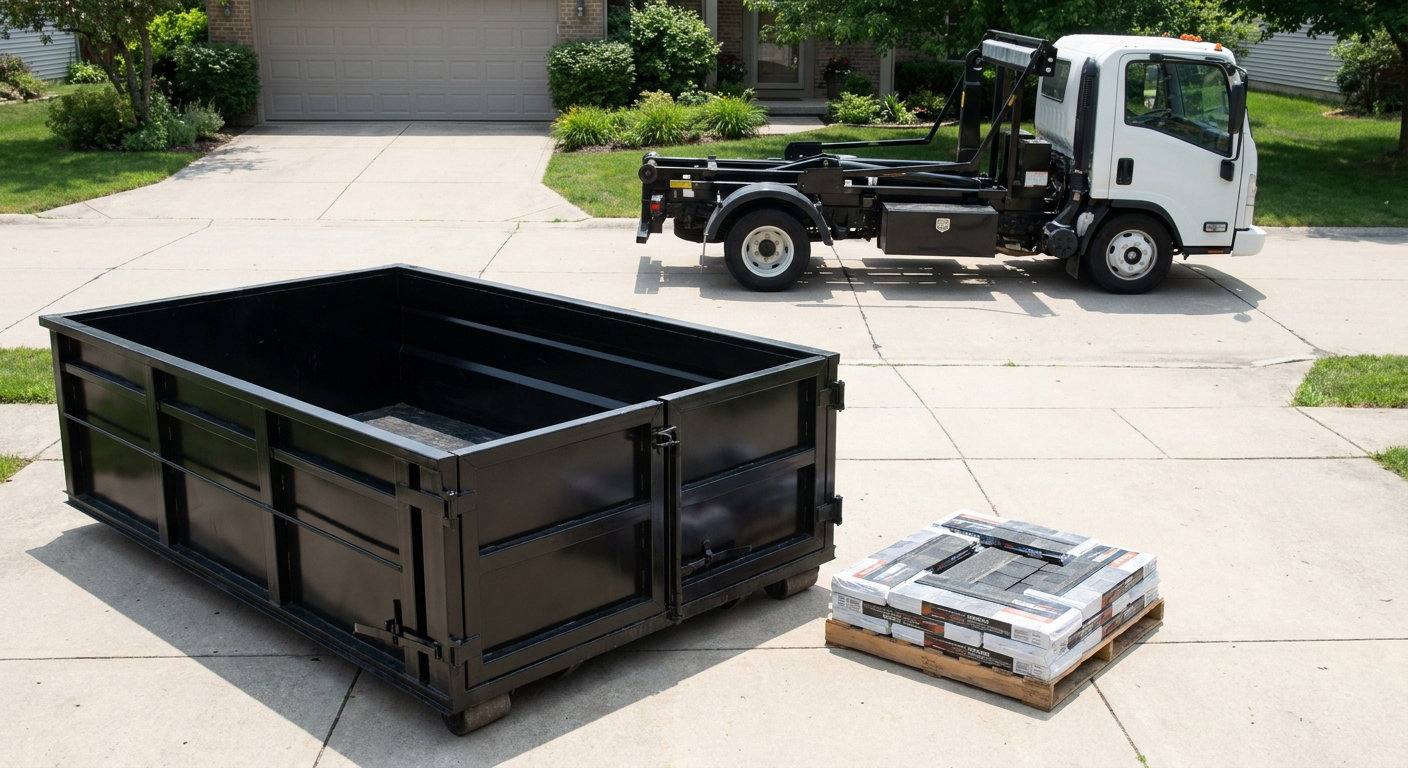 Matte-black 15-yard roofing roll-off dumpster with reinforced low side walls sitting directly on a St Paul residential concrete driveway, three-tab asphalt shingle bundles stacked nearby, an unmarked white hauler truck partially visible at the edge of the frame.
