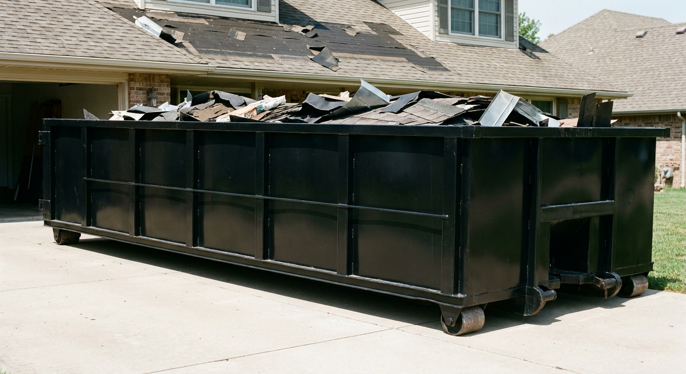 Matte-black 20-yard roofing roll-off dumpster with steel ribbed sides and swinging rear door, sitting directly on the concrete driveway of a two-story St Paul home, asphalt shingle debris being loaded over the low wall, clean documentary lighting.