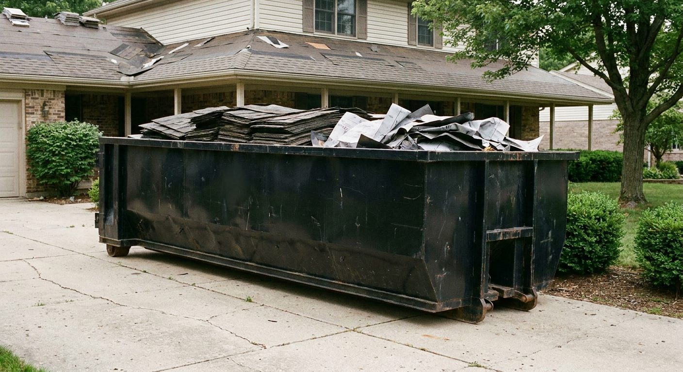 Matte-black 30-yard roofing roll-off dumpster sitting directly on a St Paul concrete driveway, taller ribbed steel side panels, mixed tear-off debris of asphalt shingles and underlayment inside, professional documentary daylight.
