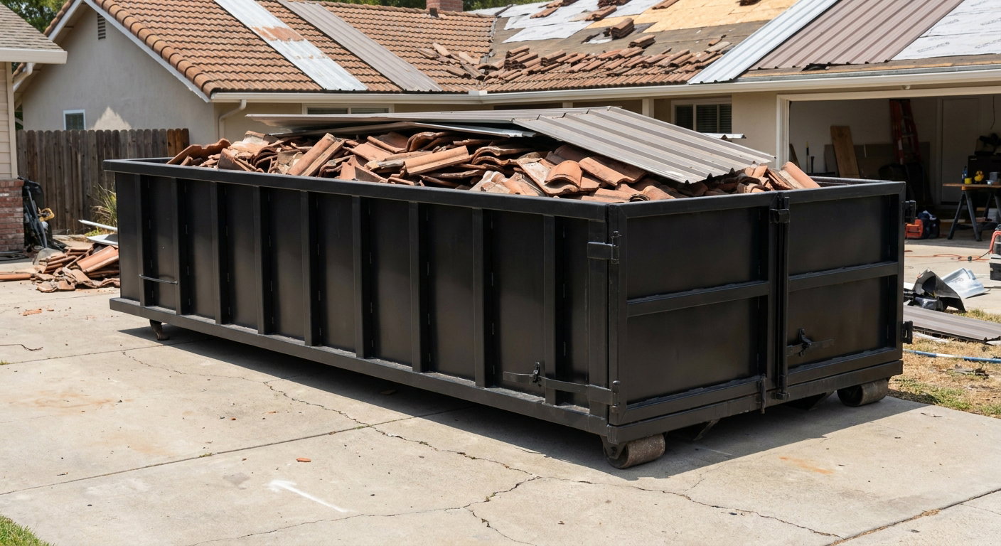 Matte-black low-wall heavy-debris roofing roll-off dumpster sitting directly on a St Paul concrete driveway, broken concrete clay roof tiles and metal panel sections loaded inside, reinforced ribbed steel side walls visible, bright outdoor daylight.