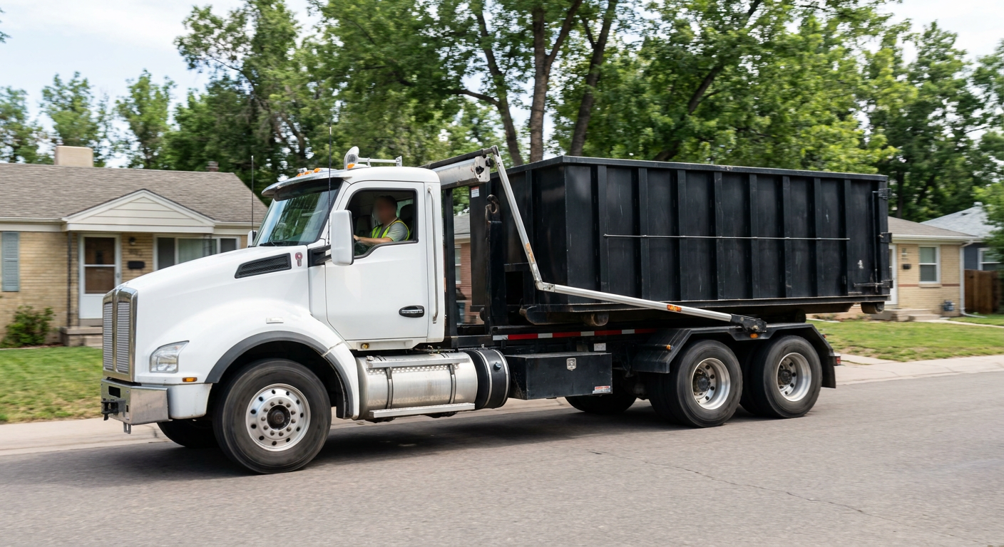 A wide documentary shot of a matte-black roll-off delivery truck pulling onto a quiet St Paul residential street at mid-morning, with neighborhood rooftops and tree-lined blocks visible behind, showing the metro coverage footprint.
