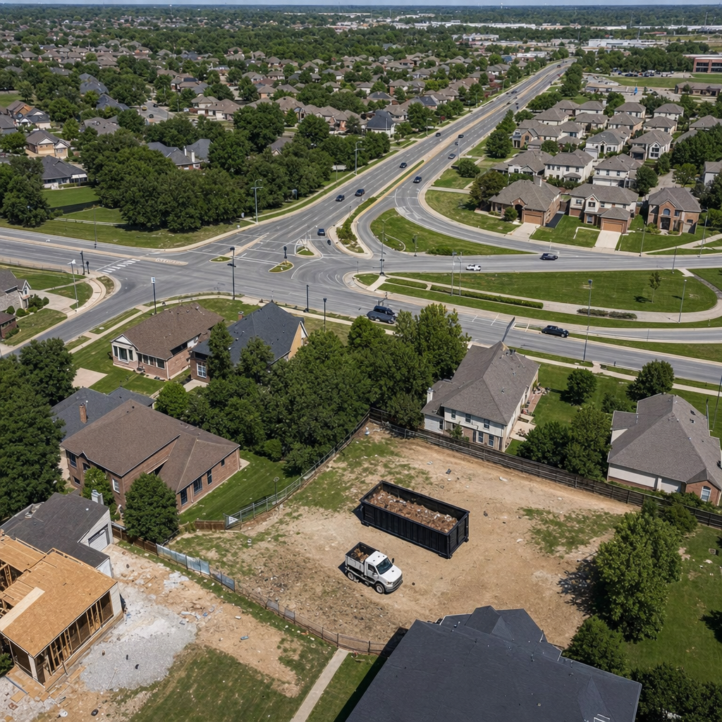 An overhead documentary view of the St Paul metro area at midday, showing the spread of neighborhoods, arterial roads, and the dispatch radius from a central yard — clean daylight, organized geographic layout.