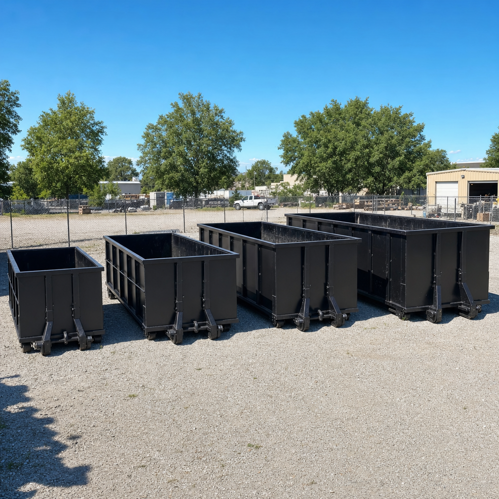 A clean lineup of matte-black roll-off dumpsters in 10, 20, 30, and 40-yard sizes staged on a sunlit gravel yard in St Paul, showing the size progression from compact to commercial-scale containers.