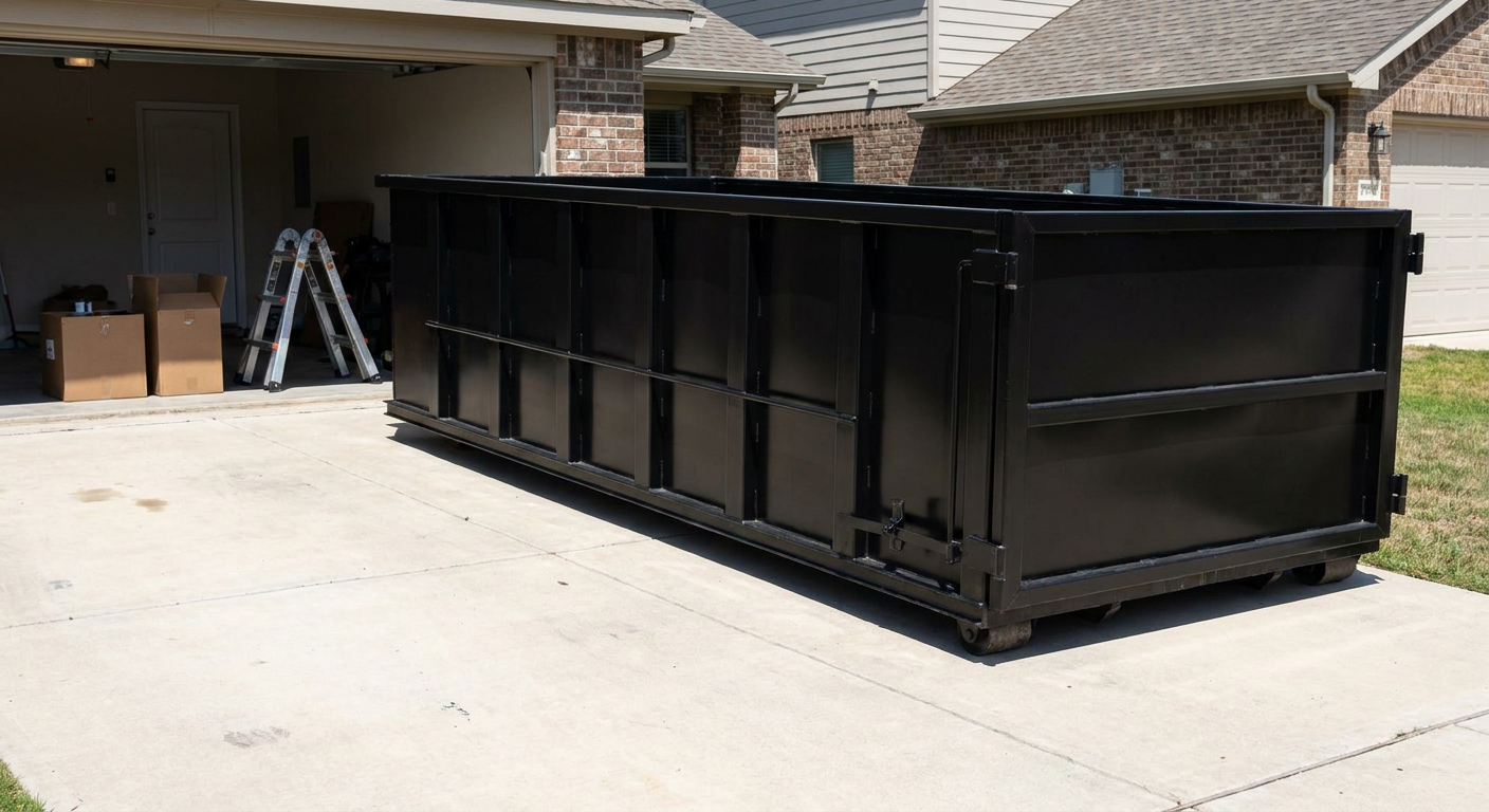 A matte-black 10-yard roll-off dumpster sitting directly on a residential St Paul concrete driveway, mid-day sunlight, clean and ready for a garage cleanout.