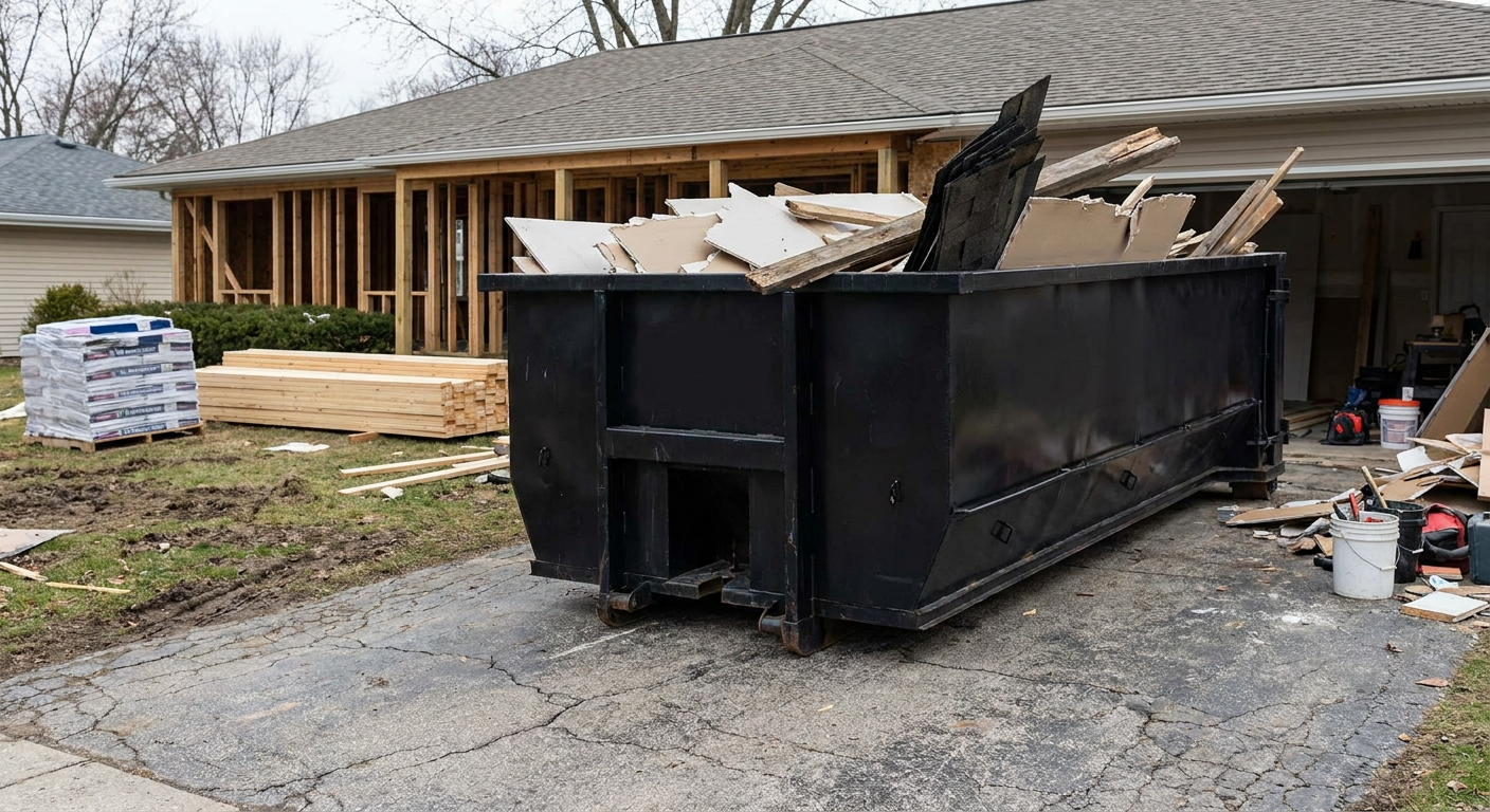 A matte-black 20-yard roll-off dumpster placed alongside a mid-renovation St Paul home directly on the asphalt driveway, with framing materials and torn-off shingles staged neatly nearby.