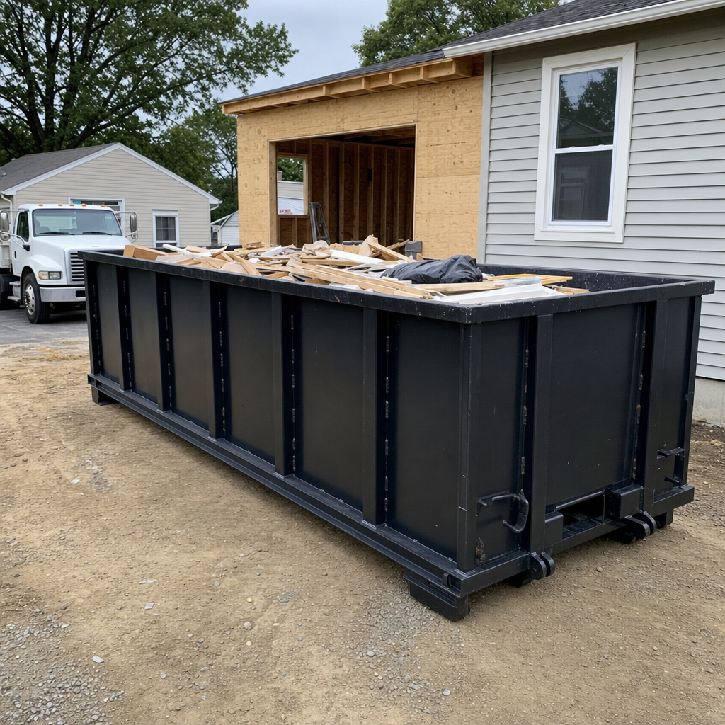 A matte-black 30-yard roll-off dumpster positioned at a St Paul residential addition jobsite, with framing lumber and drywall scraps loaded through the open swinging rear doors.