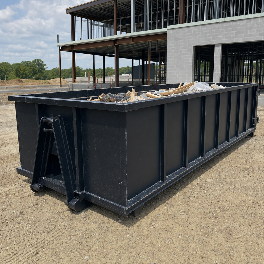 A matte-black 40-yard roll-off dumpster staged on a large St Paul commercial construction lot, with a hooklift delivery truck parked alongside under bright midday sky.
