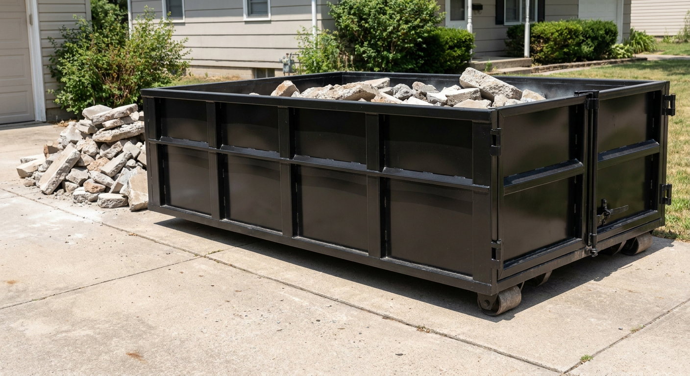 A matte-black low-side heavy-debris roll-off dumpster placed directly on a St Paul concrete driveway, with broken concrete chunks neatly stacked beside it under clean daylight.